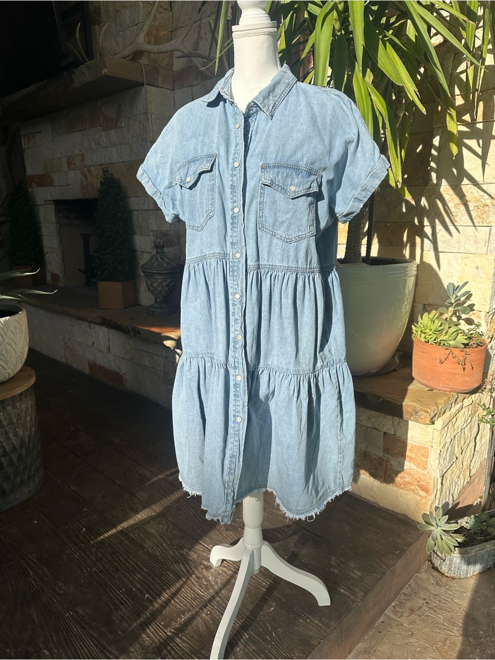 Denim Tiered Button-Front Shirt Dress - Light Blue
